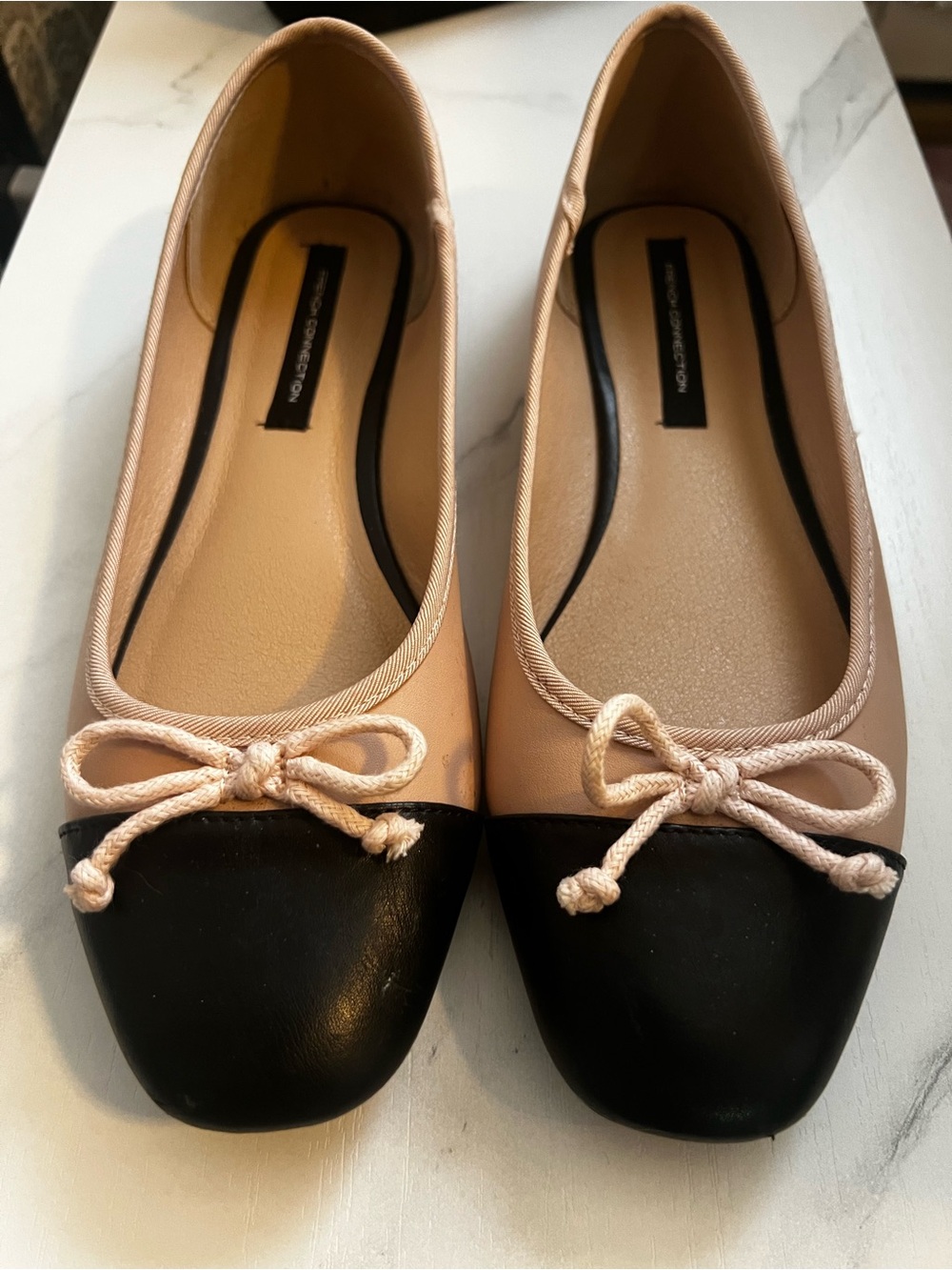 French Connection Two-Tone Ballet Flats in Blush and Black with Bow